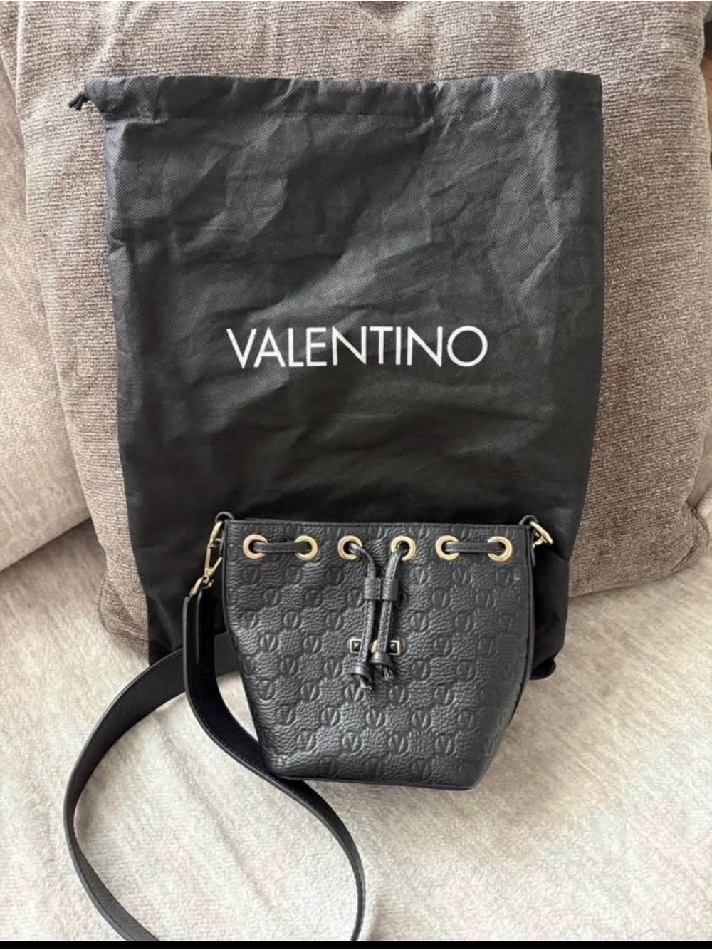Valentino Black Embossed Leather Drawstring Crossbody